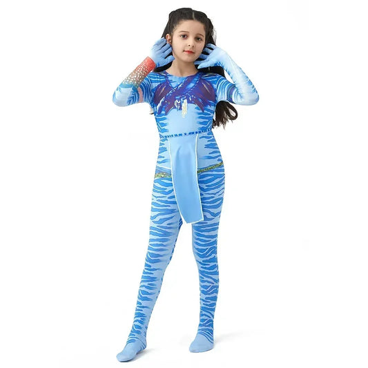 Blue Alien Costume Jumpsuit for Kids with Striped Character Prints, Jake or Neytiri Styles for Halloween, Cosplay Parties and Dress-Up