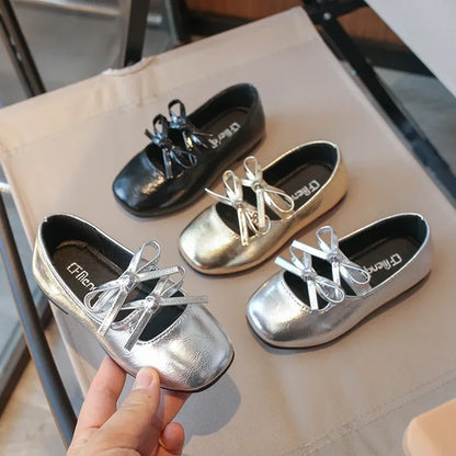 Girls Square-Toe Double-Bow Dress Flats with Cross-Strap Detail in Silver, Black or Gold for Party Outfits, Family Celebrations and Special Occasions