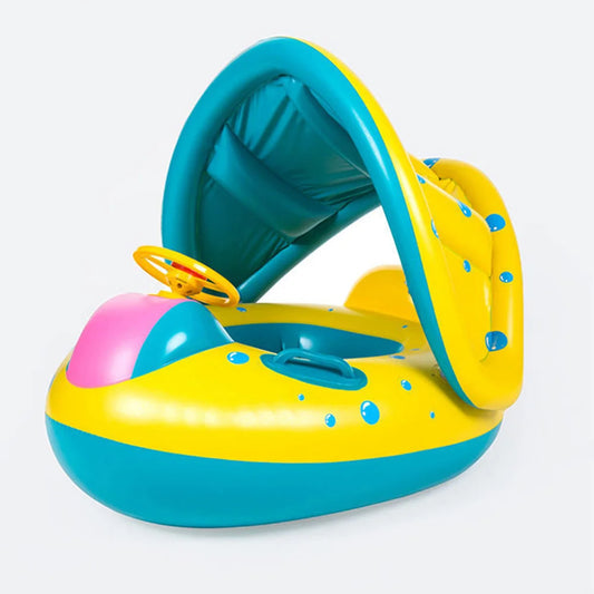 Yellow Baby Pool Float Seat with Sunshade and Steering Wheel, Inflatable Seated Swim Ring for Closely Supervised Summer Pool Play