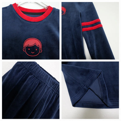 Kids Velour Pajamas with Printed Face Motifs, Red and Navy Long Sleeve Lounge Sets with Baby Footie and Teen Dress Options for Coordinated Outfits
