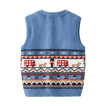 Blue V-Neck Baby Sweater Vest with Bus and Character Knit Pattern, Sleeveless Pullover with Ribbed Trim for Infant and Toddler Layering, 6M–3T