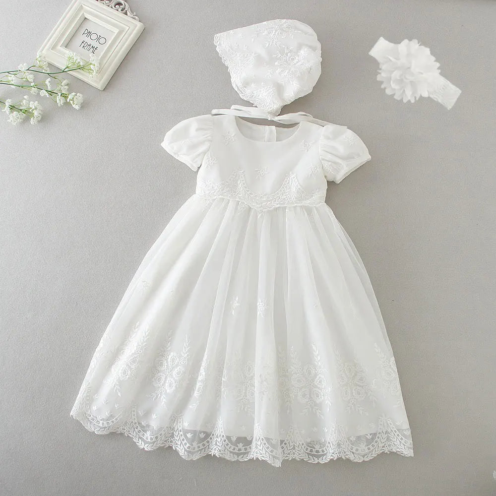Baby Baptism Gown for Girls with Long Sleeves, Lace Details and Cotton Lining, Dress and Cap Set for Christening and First Birthday Photos