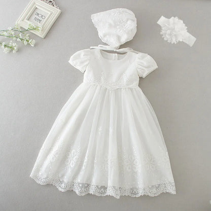 Baby Baptism Gown for Girls with Long Sleeves, Lace Details and Cotton Lining, Dress and Cap Set for Christening and First Birthday Photos