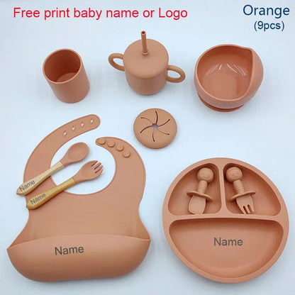 Nine-Piece Personalized Silicone Feeding Set with Suction Bowl, Divided Plate, Pocket Bib, Cups and Utensils for Supervised Baby Mealtimes