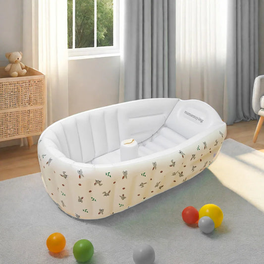Portable Baby Bath Tub with Built-In Air Pump, Inflatable PVC Bathtub in Animal and Olive Prints for Home Bathing and Family Travel