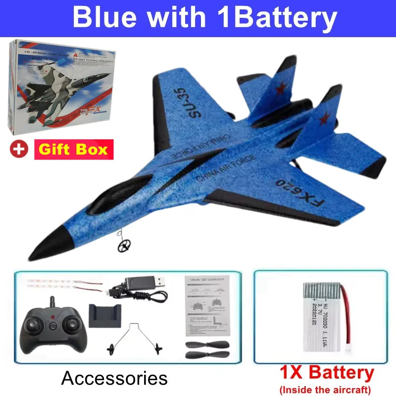 RC Airplane SU35 Fighter, Oike EPP Foam Plane with 2.4 GHz Control, Gyroscope and LED Lights for Outdoor Flying, One or Two Battery Options