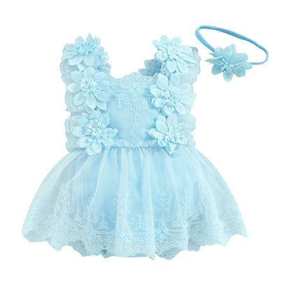 Floral Lace Baby Romper Dress with Matching Headband, Raised Flower Bodice and Sleeveless Square Neck for Parties and Milestone Photos, 0-18 Months