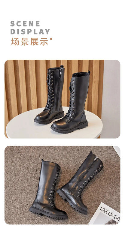 Lace-Up Knee-High Boots for Girls with Side Zippers and Chunky Soles, Black or Beige Motorcycle-Inspired Tall Fashion Shoes, Sizes 27–37