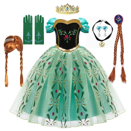 Anna Princess Costume Dress for Girls with Green Printed Skirt and Puff Sleeves, Kids Birthday Party Outfit for Halloween, Carnival and Pretend Play