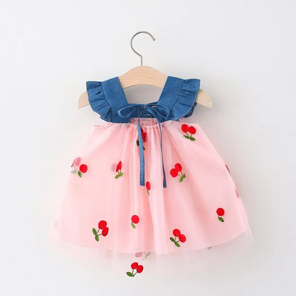 Baby Girl Cherry Dress, Pink or White Layered Skirt with Blue Ruffle Shoulder Straps and Front Bow for Summer Parties and Birthday Photos