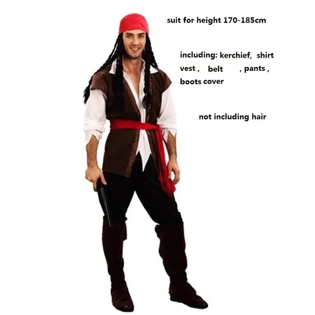 Pirate Captain Cosplay Outfit for Adults, Men’s Pants or Women’s Skirt Costume with Head Scarf and Vest for Halloween and Carnival