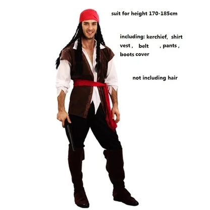 Pirate Captain Cosplay Outfit for Adults, Men’s Pants or Women’s Skirt Costume with Head Scarf and Vest for Halloween and Carnival