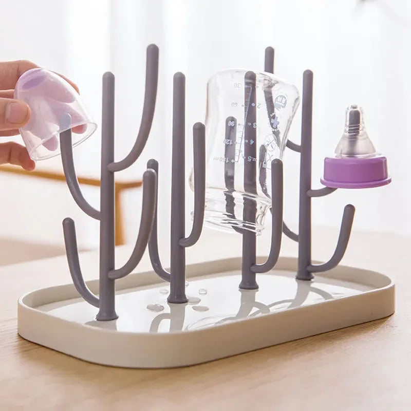 Detachable Baby Bottle Drying Rack with Branch Holders and Water Catch Tray, ABS and PP Countertop Drainer for Bottles and Feeding Accessories