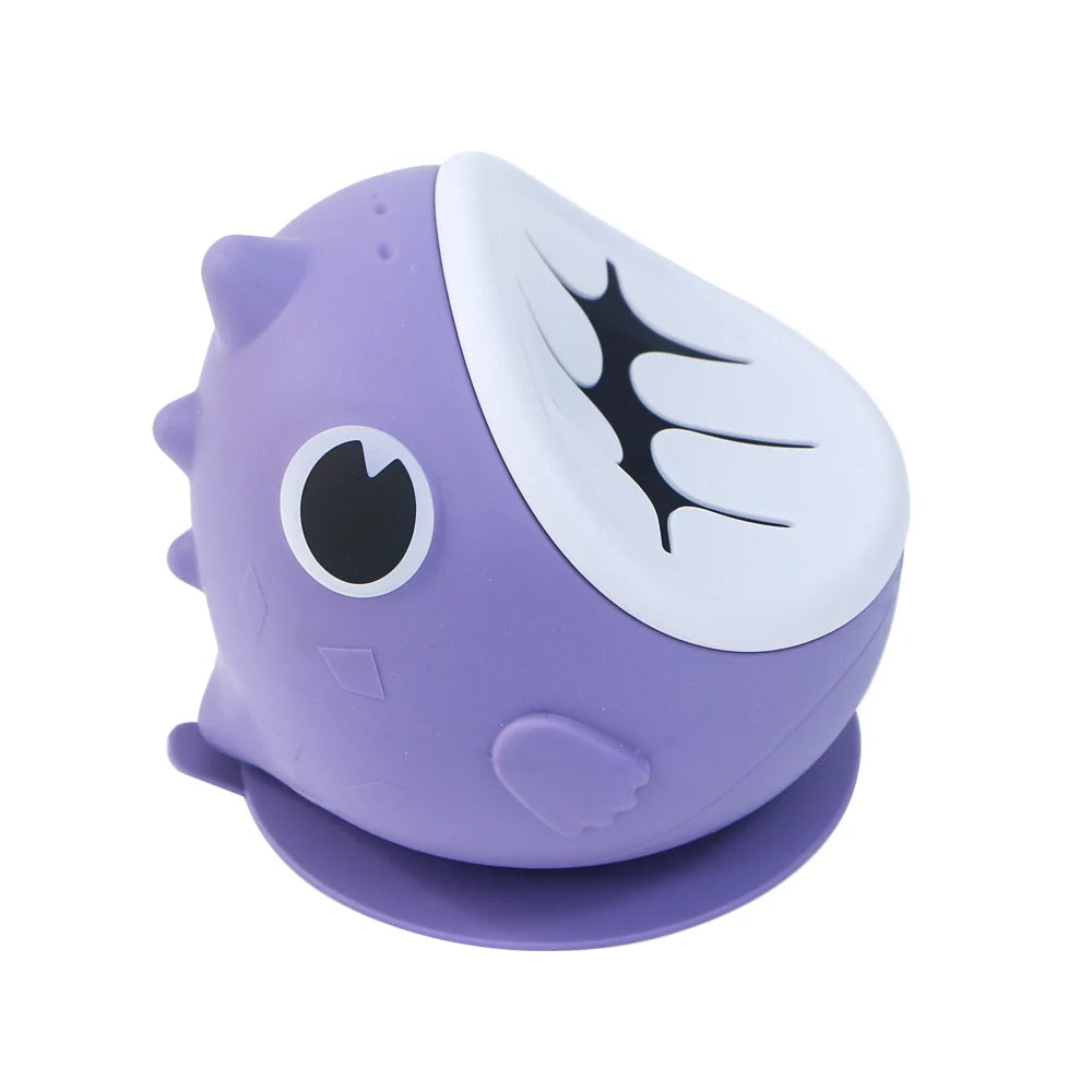 Dinosaur Silicone Suction Bowl with Slotted Snack Lid, Cartoon Baby Feeding Dish for Supervised Weaning Meals and Toddler Snacks