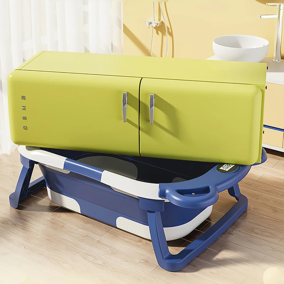 Travel Baby Bathtub with Thermometer and Soft Floating Cushion, Collapsible PP and TPE Bath Tub with Drain Plug for Supervised Infant and Toddler Bathing