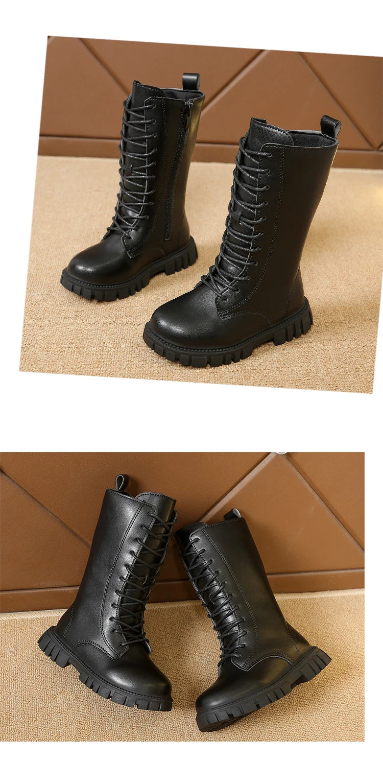 Girls Mid-Calf Lace-Up Boots with Side Zippers, Chunky Lug-Style Soles and Back Pull Tabs, Fall Winter Fashion Footwear in Sizes 27-36