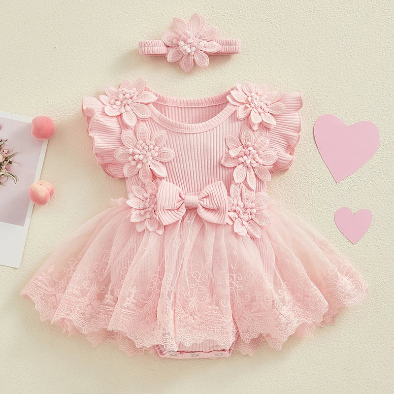 Flower Applique Baby Girl Romper Dress with Headband, Lace Mesh Skirt and Waist Bow, Cotton Blend Summer Occasion Outfit for 0-18 Months