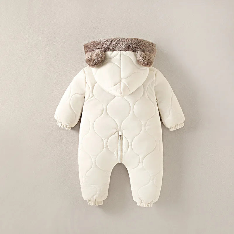 Baby Quilted Hooded Jumpsuit with Bear Ears, Plush-Look Hood Trim and Front Zipper, Long Sleeve Winter One-Piece Clothing for Infants and Toddlers
