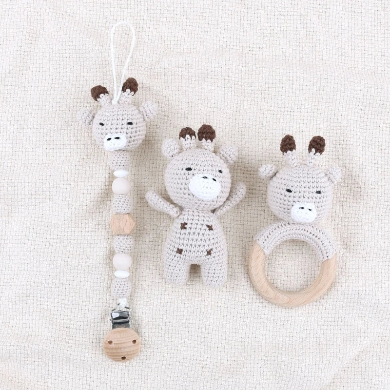 Crochet Animal Rattle Set with Wooden Ring and Coordinating Accessories, Rabbit, Deer and More Designs for Supervised Play and Baby Shower Gifts
