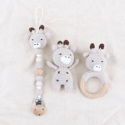 Crochet Animal Rattle Set with Wooden Ring and Coordinating Accessories, Rabbit, Deer and More Designs for Supervised Play and Baby Shower Gifts