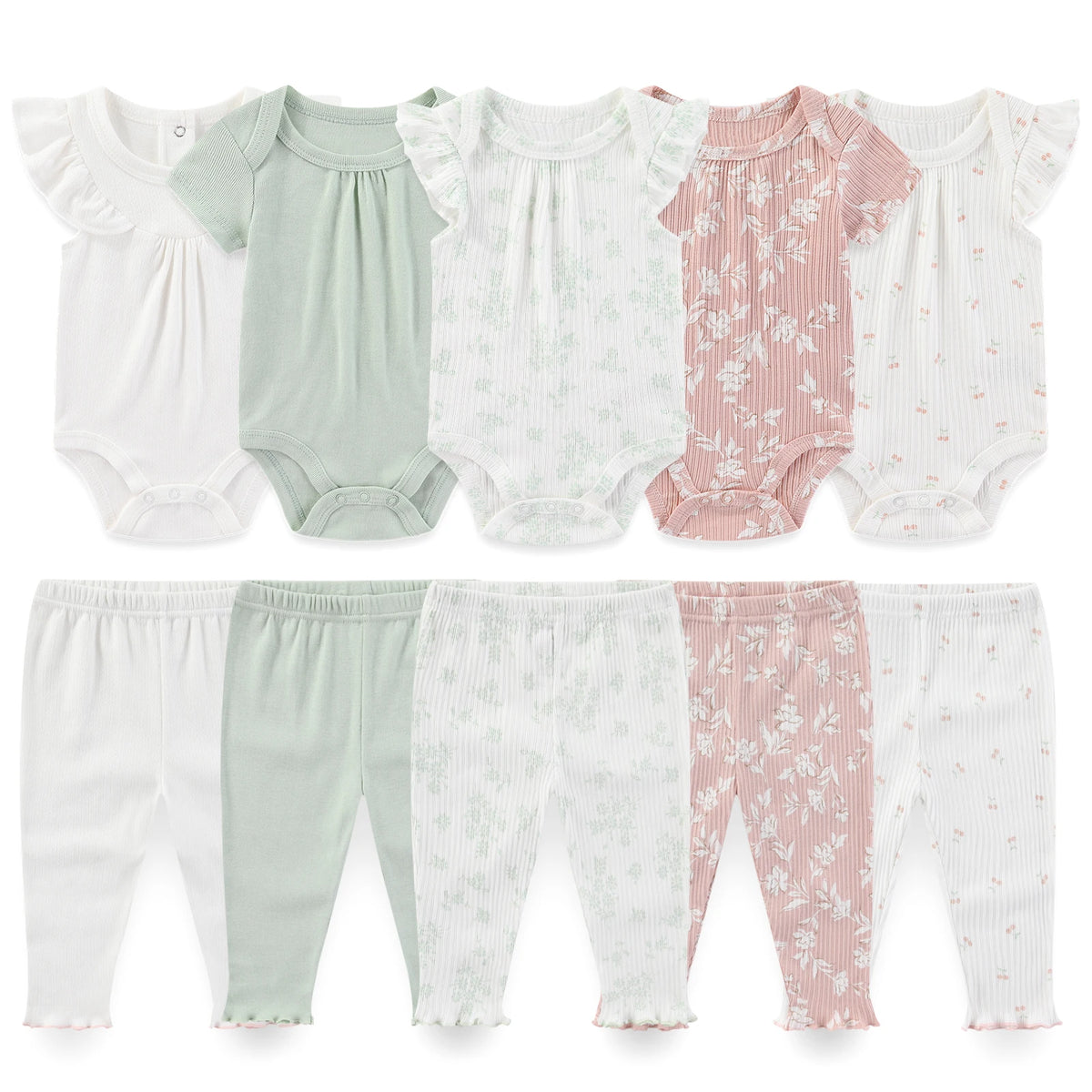 Baby Bodysuit and Pants Set, 10-Piece Kiddiezoom Infant Clothing Bundle with Short-Sleeve Tops for Boys and Girls, Sizes 3M-12M