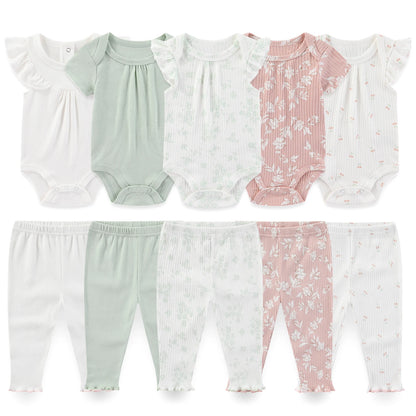 Baby Bodysuit and Pants Set, 10-Piece Kiddiezoom Infant Clothing Bundle with Short-Sleeve Tops for Boys and Girls, Sizes 3M-12M