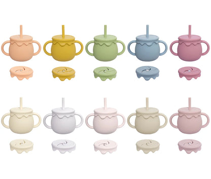 Two-Handle Toddler Straw Cup with Rounded Body and Wavy-Edge Lid, Portable Baby Drinkware and Snack Container Options for Supervised Use