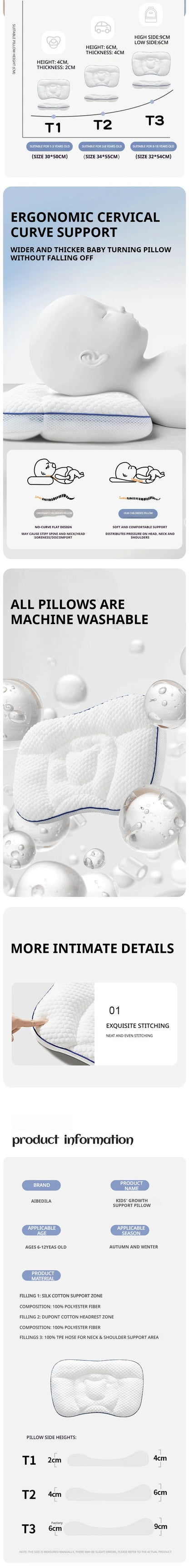 Dual-Sided Kids Contour Pillow with Five-Zone Design, Bamboo Fabric and Tencel Cover, Fiber Filling and T1 T2 T3 Pillowcase Options for Older Children