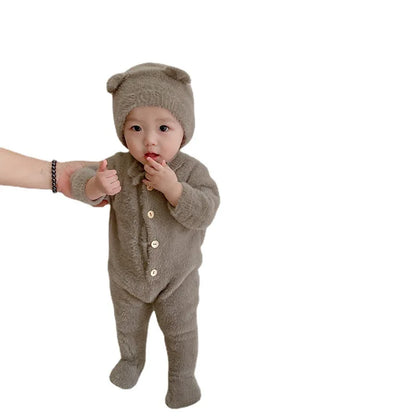 Plush Baby Jumpsuit with Front Buttons and Long Sleeves, Textured Fall Winter One-Piece Outfit for Boys and Girls in White, Camel, Pink or Grey