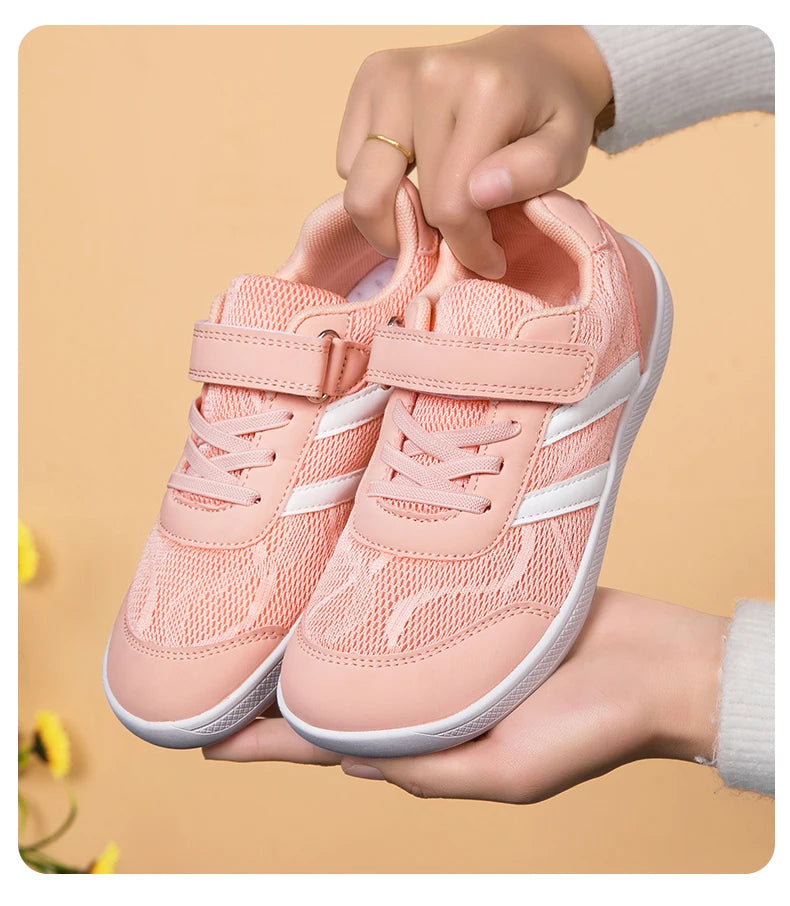 Kids Wide-Toe Mesh Sneakers with Adjustable Hook-and-Loop Strap, Contrast Side Stripes and Low-Top Casual Style in Pink, Black or Blue