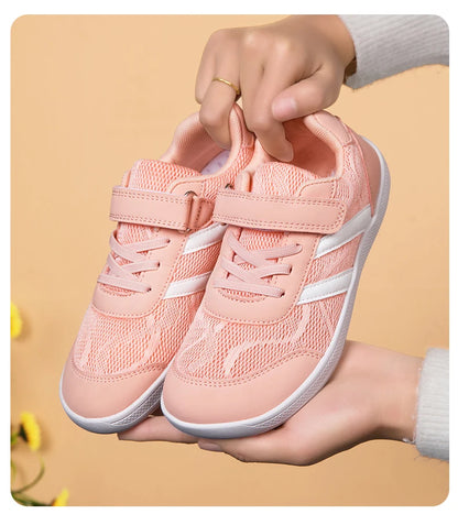 Kids Wide-Toe Mesh Sneakers with Adjustable Hook-and-Loop Strap, Contrast Side Stripes and Low-Top Casual Style in Pink, Black or Blue