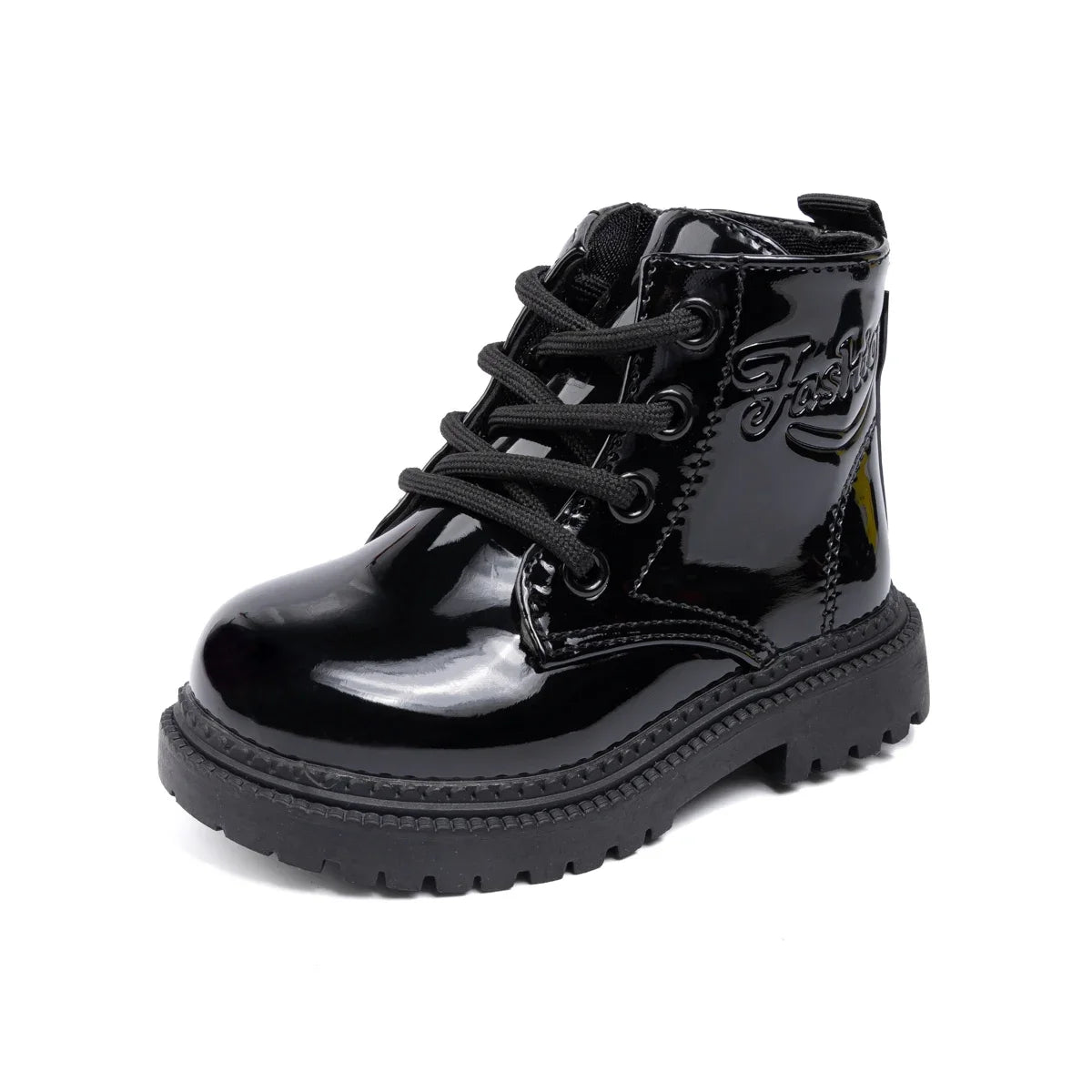 Kids PU Leather Combat Ankle Boots with Lace-Up Front, Side Zipper and Black Chunky Soles, Boys and Girls Fall Winter Shoes in Sizes 21-30