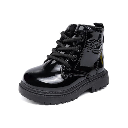 Kids PU Leather Combat Ankle Boots with Lace-Up Front, Side Zipper and Black Chunky Soles, Boys and Girls Fall Winter Shoes in Sizes 21-30