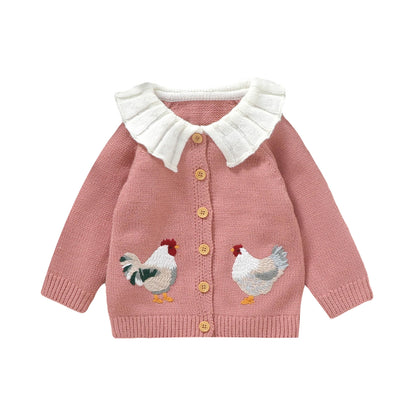 Rooster Embroidered Baby Girl Cardigan with White Ruffle Collar, Long Sleeve Button-Front Knit Sweater in Pink or Green, Sizes 6 Months to 3 Years