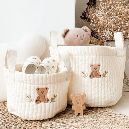 Diaper Storage Basket with Cute Bear Embroidery and Carry Handles, Quilted Nursery Organizer for Newborn Diapers, Toys and Baby Essentials