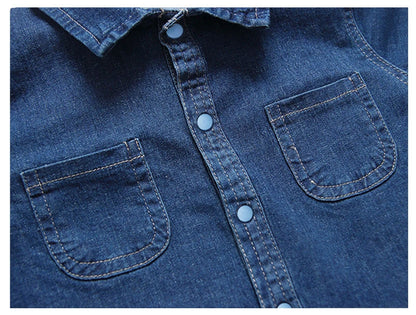 Collared Baby Denim Romper by IENENS with Chest Pockets and Snap Fastenings, Blue Long Sleeve One-Piece Outfit for Boys and Girls in 0-18M Sizes