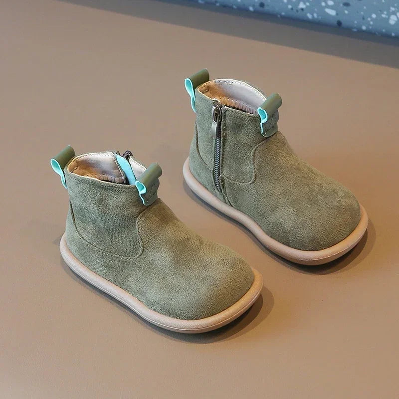 Toddler Suede-Look Ankle Boots with Side Zipper and Colorful Pull Tabs, Green Pink or Yellow Casual Short Boots for Boys and Girls in Sizes 21–30