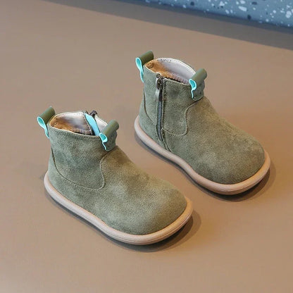 Toddler Suede-Look Ankle Boots with Side Zipper and Colorful Pull Tabs, Green Pink or Yellow Casual Short Boots for Boys and Girls in Sizes 21–30
