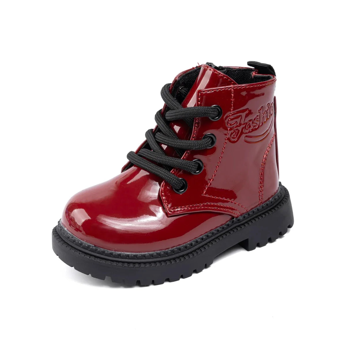 Kids PU Leather Combat Ankle Boots with Lace-Up Front, Side Zipper and Black Chunky Soles, Boys and Girls Fall Winter Shoes in Sizes 21-30