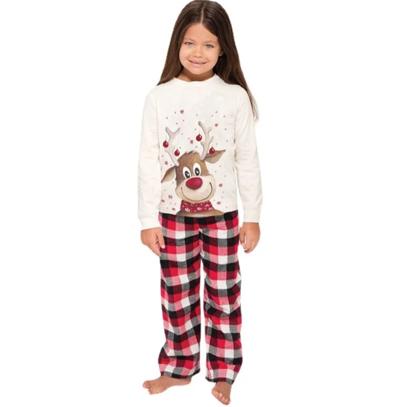Reindeer Family Matching Pajamas with White Long Sleeve Tops and Red Black Plaid Pants, Christmas Outfits for Mom, Dad, Kids and Baby Size Options
