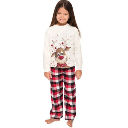Reindeer Family Matching Pajamas with White Long Sleeve Tops and Red Black Plaid Pants, Christmas Outfits for Mom, Dad, Kids and Baby Size Options