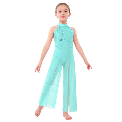 Girls Sequin Dance Jumpsuit with Split Wide-Leg Mesh, Sleeveless Mock Neck and Crisscross Back for Lyrical Recitals and Stage Performances