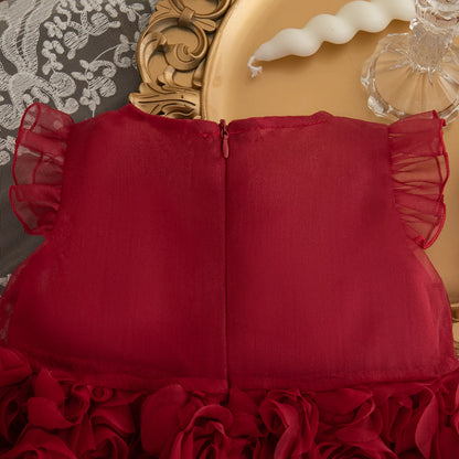 Rosette Baby Girl Party Dress with Large Front Bow and Ruffled Shoulders, Pink or Red Sleeveless Outfit for First Birthdays and Wedding Photos