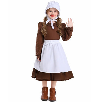 Girls Pioneer Prairie Costume Dress with Apron and Bonnet Options for Colonial School Plays, Historical Dress-Up and Halloween Events
