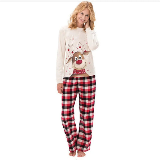 Reindeer Family Matching Pajamas with White Long Sleeve Tops and Red Black Plaid Pants, Christmas Outfits for Mom, Dad, Kids and Baby Size Options