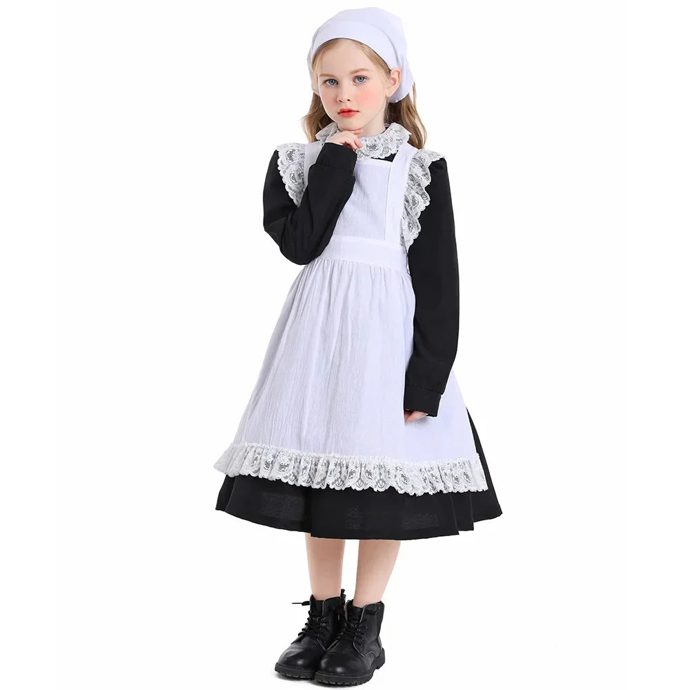 Girls Pioneer Prairie Costume Dress with Apron and Bonnet Options for Colonial School Plays, Historical Dress-Up and Halloween Events