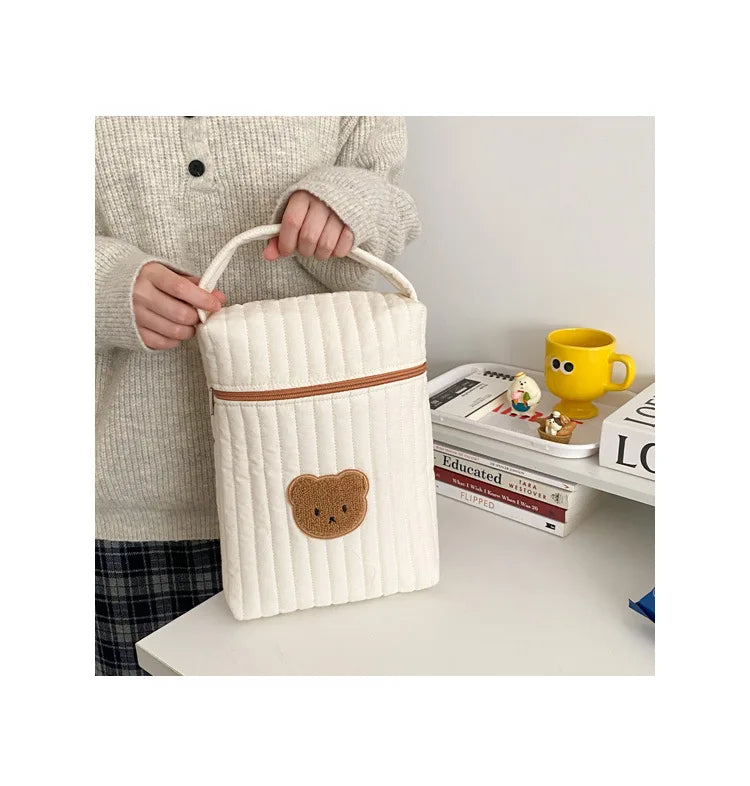 Quilted Diaper Bag with Bear Applique, Beige Cotton Zippered Baby Essentials Organizer with Carry Handle for Moms and Everyday Outings