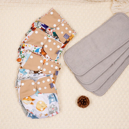 Mesh-Lined Cloth Diapers by Elinfant, 4-Pack Adjustable Pocket Baby Nappies with 4 Three-Layer Microfiber Inserts and Waterproof PUL Outer