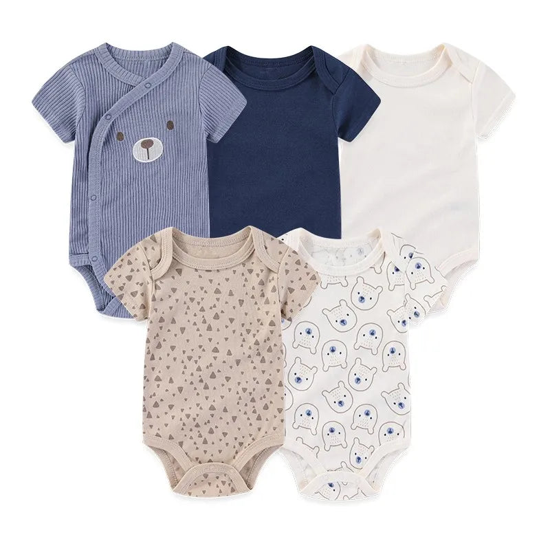 Baby Bodysuit Multipack in Cotton, 4- or 5-Piece Short Sleeve Infant Clothing with Printed and Solid Designs for Boys and Girls, Sizes 3M-12M