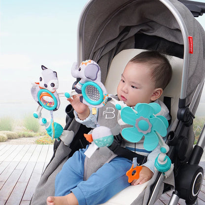 Musical Baby Toy Arch with Animal Rattle, Mirror and Spinning Windmill, Foldable Clip-On Sensory Activity Bar for Compatible Strollers